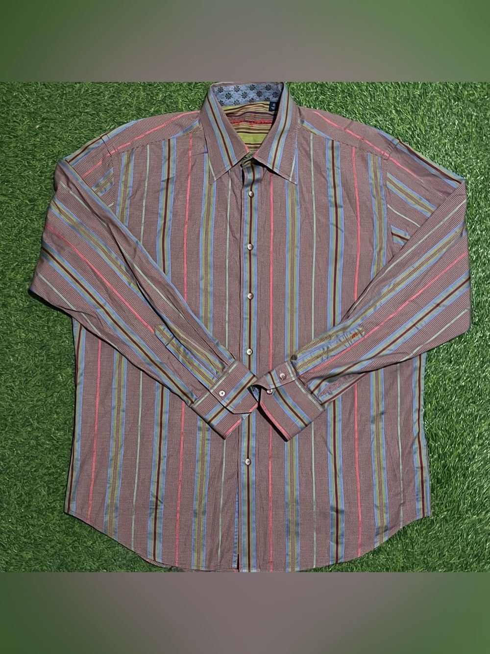 Robert Graham Mens XL Button Down Front Long Sleeve Shirt Flip Cuff Striped Silk